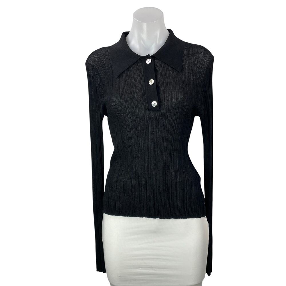 French Connection Women's Black Ribbed Knit Long Sleeve Henley Blouse Top Size L